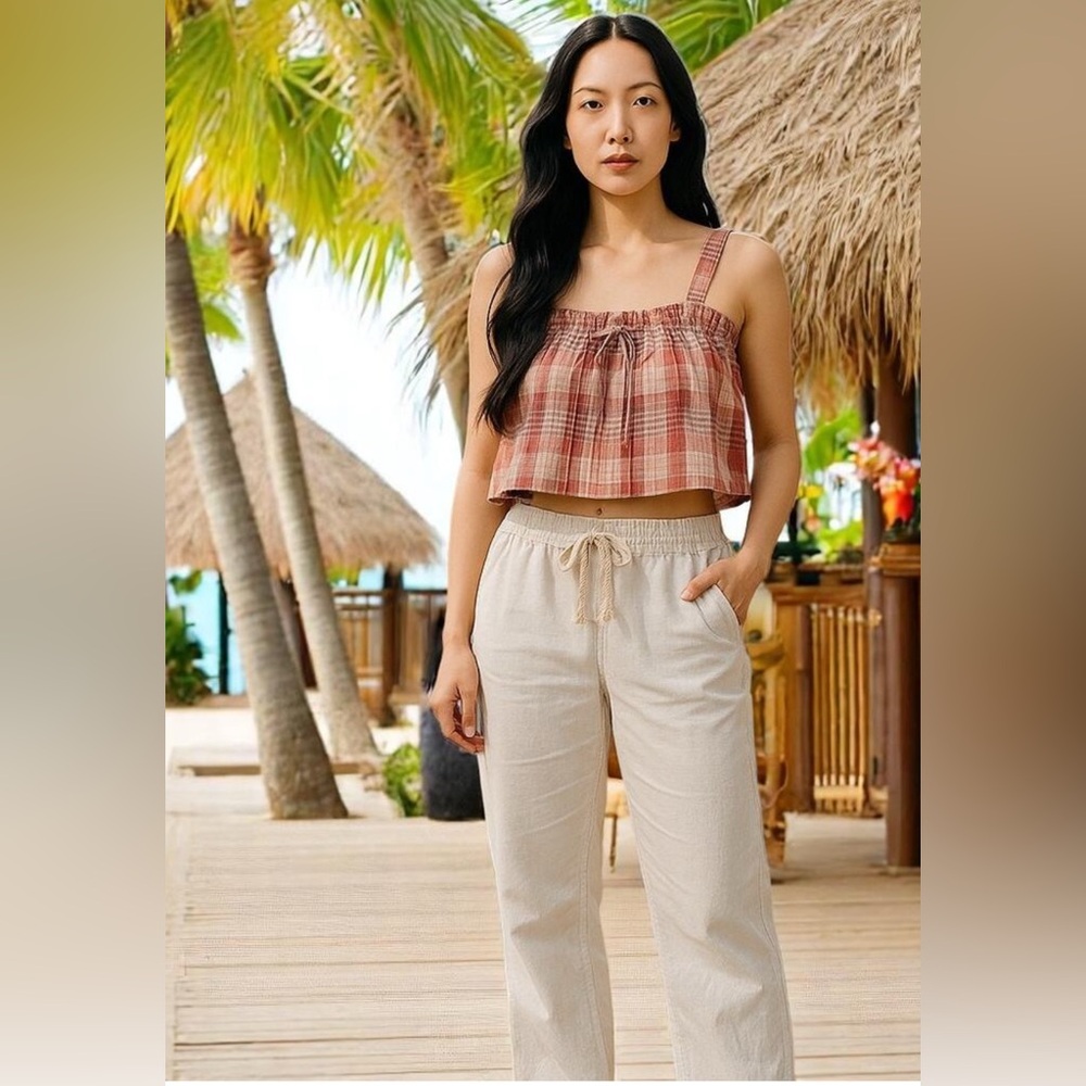 Roxy Oceanside Wide Leg Pants Linen Blend Elastic Waist Juniors size L